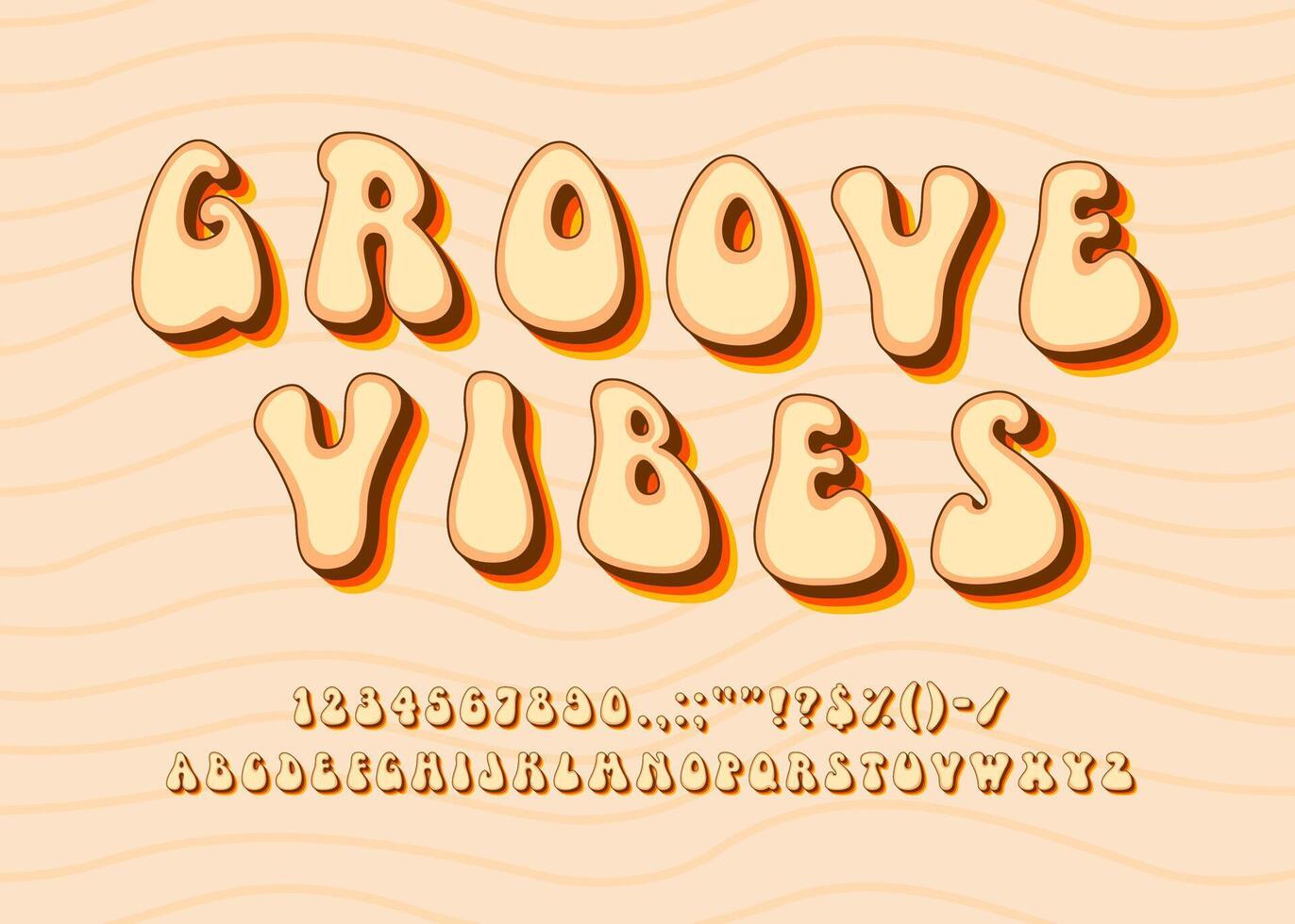 Groovy font or groove type, retro hippie typeface vector