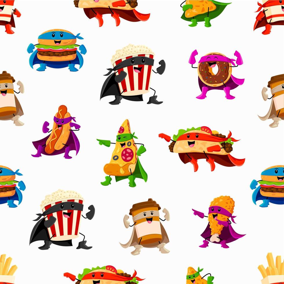 Cartoon fast food superhero characters pattern vector