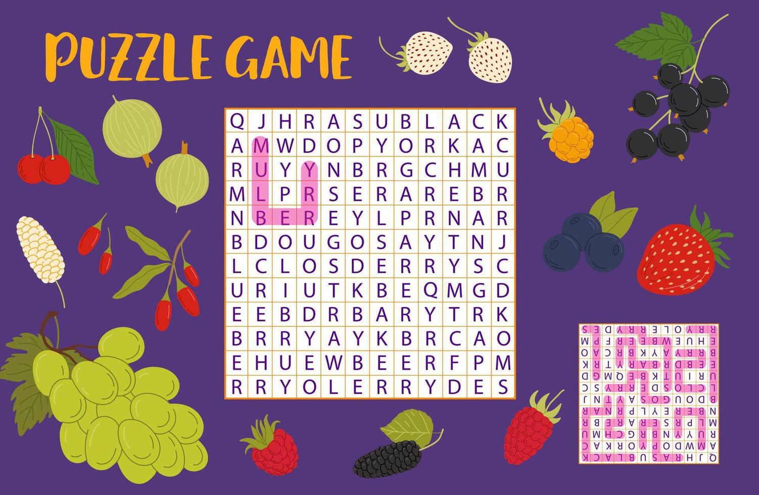 Word search puzzle game forest and garden berries vector