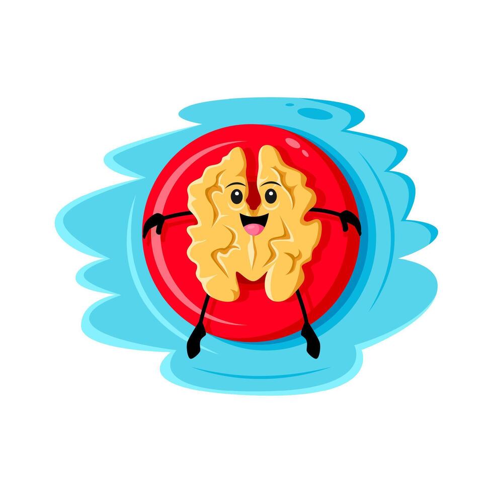 Cartoon walnut nut floats on an inflatable ring vector