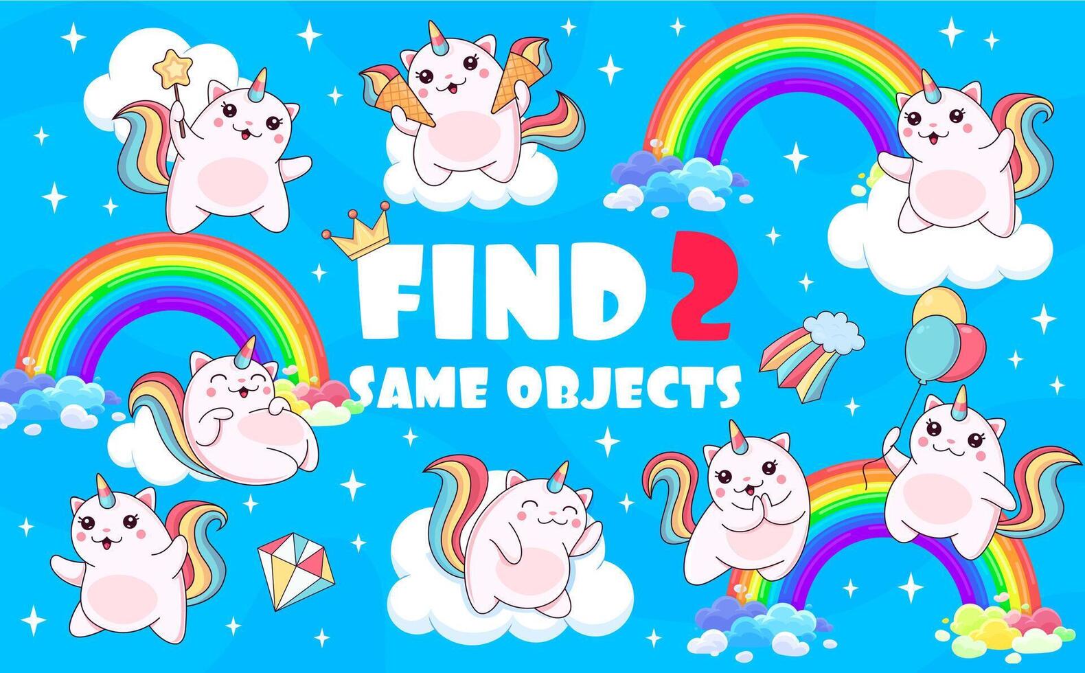 Find two same magic cute caticorn cat and kitten vector