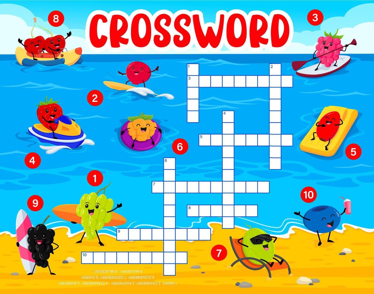 Crossword quiz game with berry characters on beach vector