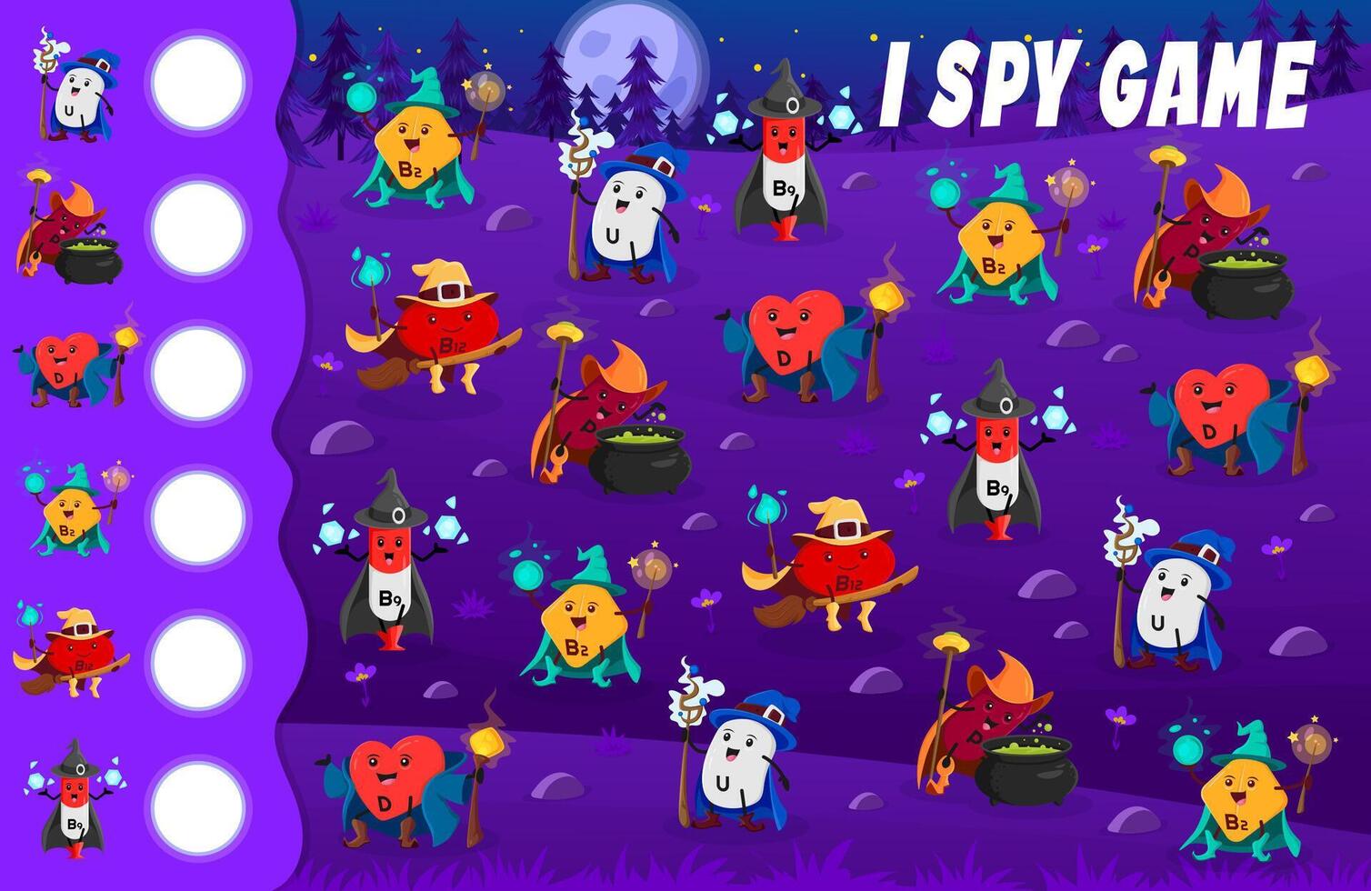 I spy game worksheet cartoon vitamin wizards mages vector