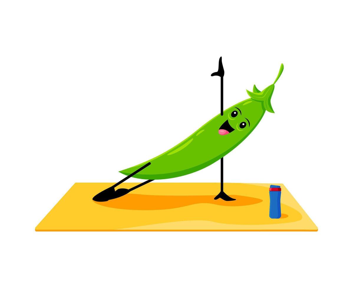 Cartoon green peas vegetable character on yoga vector