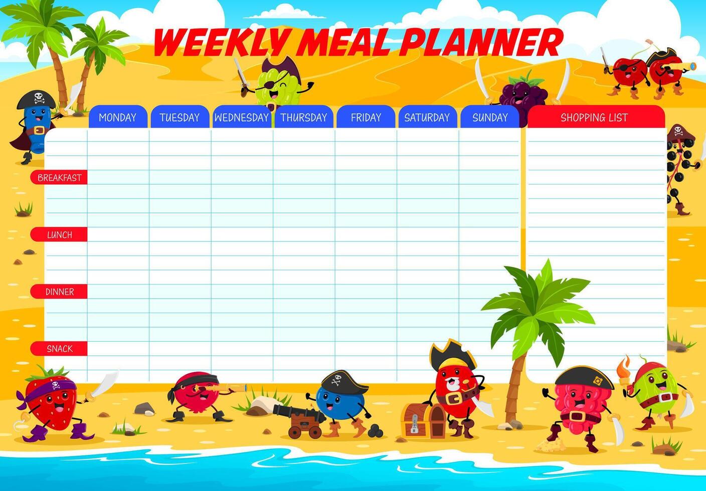 Weekly meal planner with berry pirates or corsairs vector