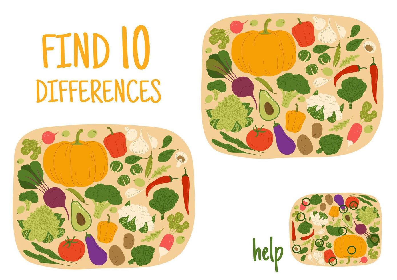 Find ten differences between raw harvest vegetable vector