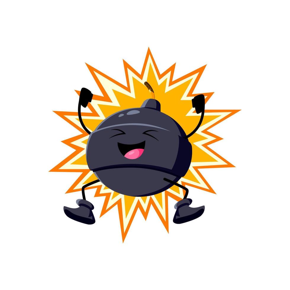 Cartoon bomb character makes boom effect and laugh vector