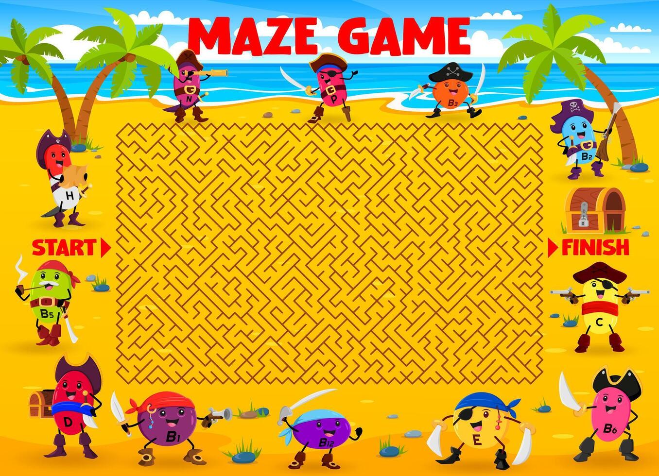 Labyrinth maze game with cartoon vitamin pirates vector