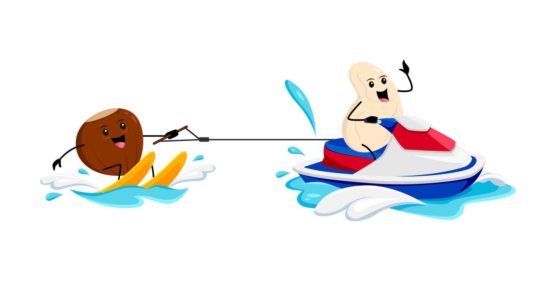 Cartoon cheerful nut characters water skiing fun vector