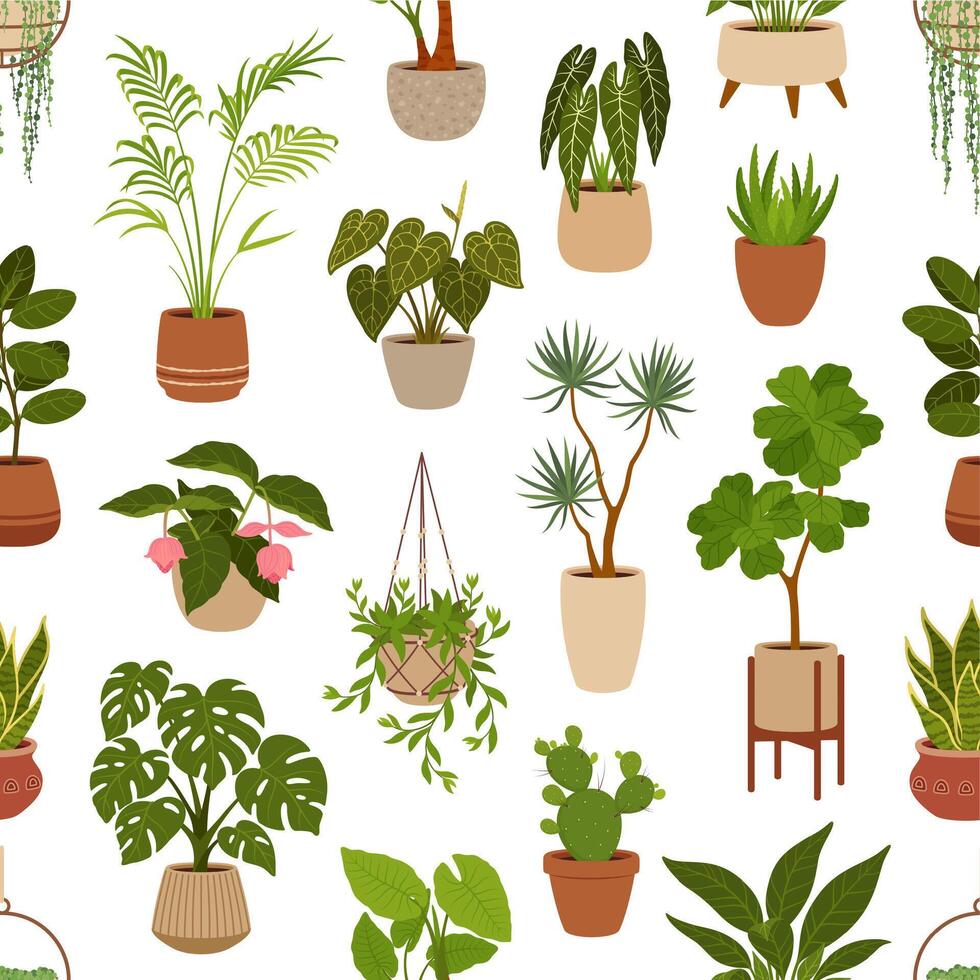 Pot with green plants seamless pattern, flowers vector