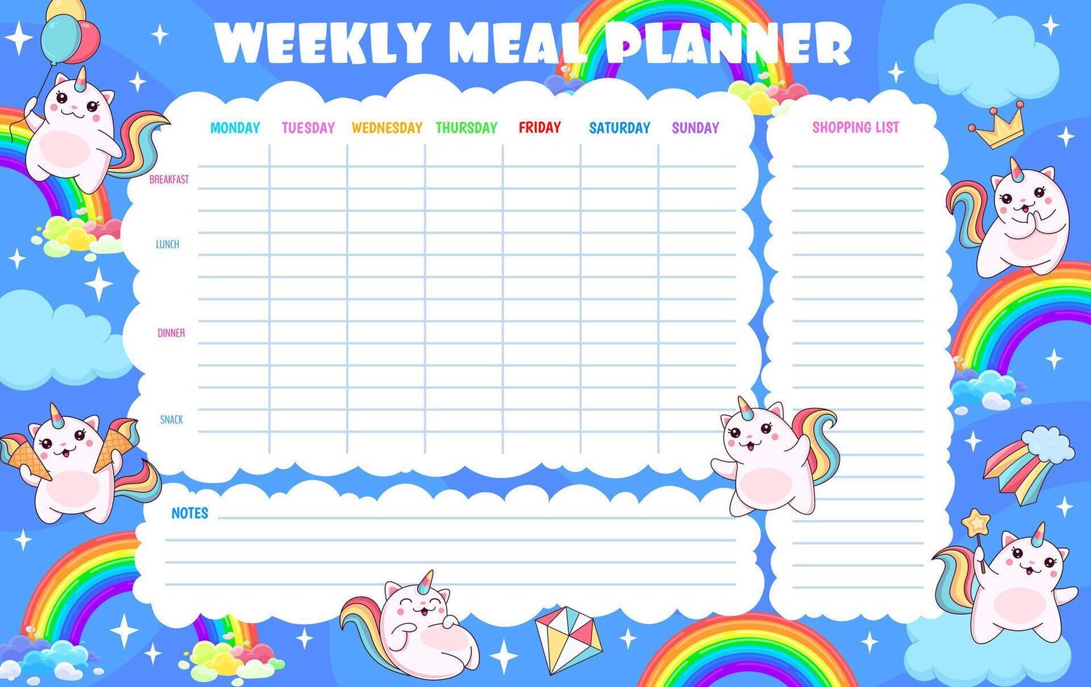 Weekly meal planner with magic caticorn and kitten vector