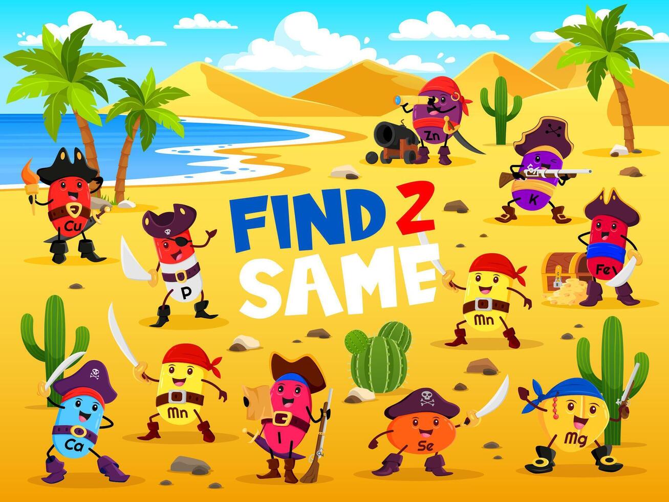 Find two same vitamins and micronutrients pirate vector