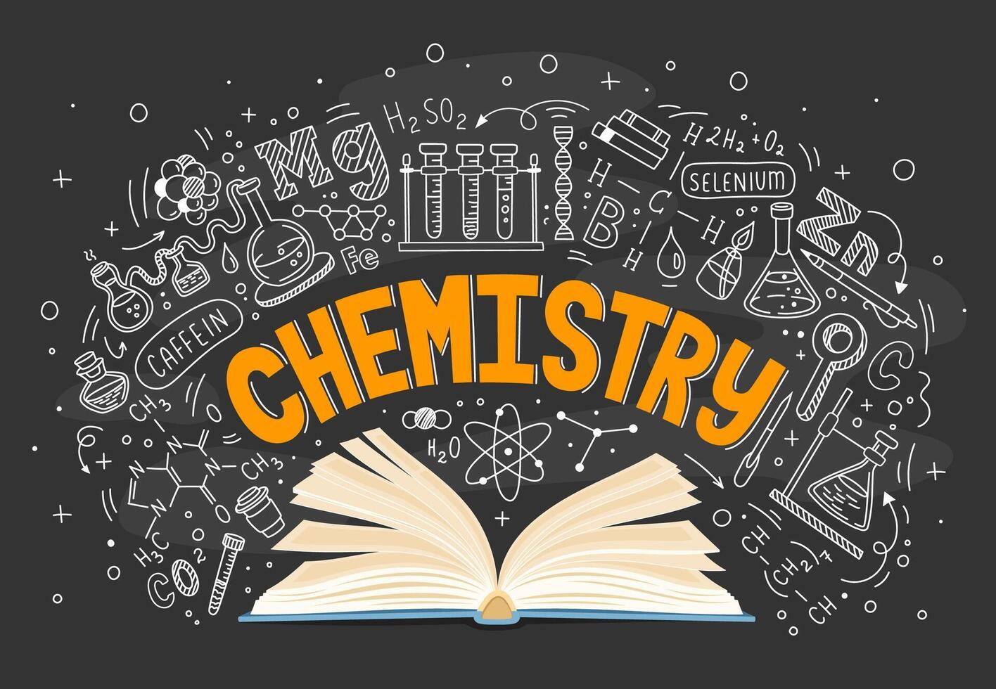 Chemistry textbook and formulas on chalkboard vector
