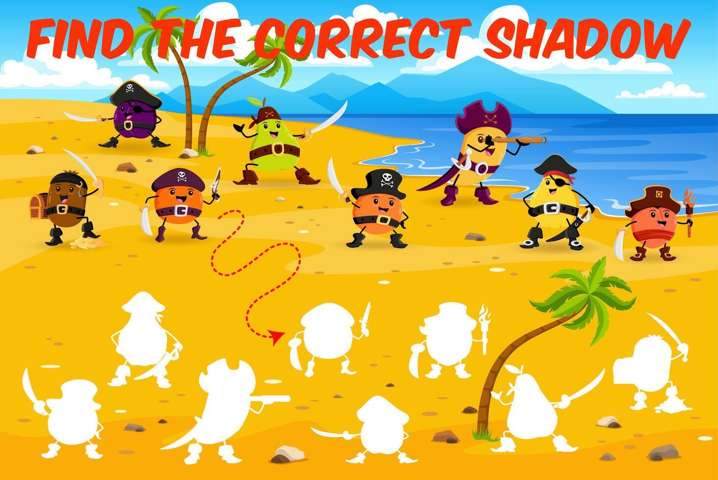 Find correct shadow of cartoon fruit pirates game vector