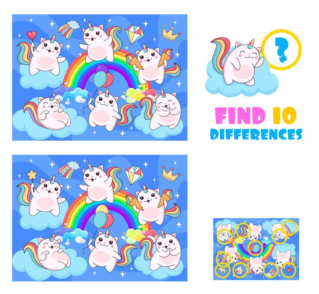 Find ten differences between magic caticorn cat vector