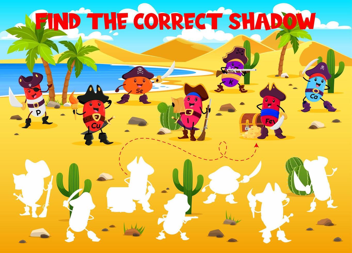 Find the correct shadow of cartoon vitamin pirates vector