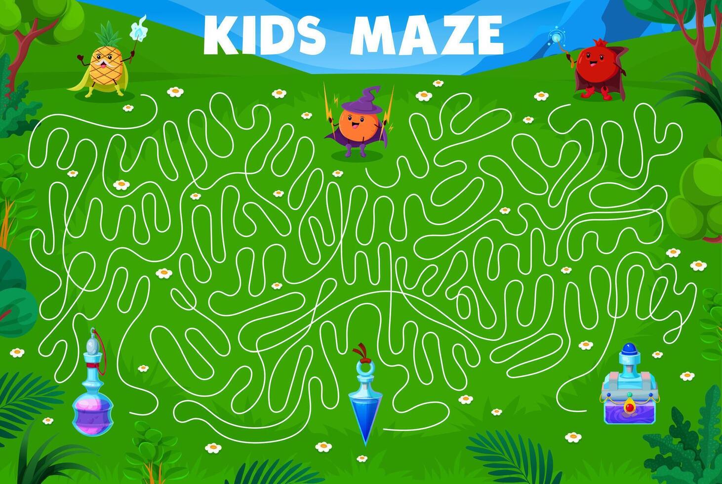Halloween labyrinth maze game with fruit wizards vector