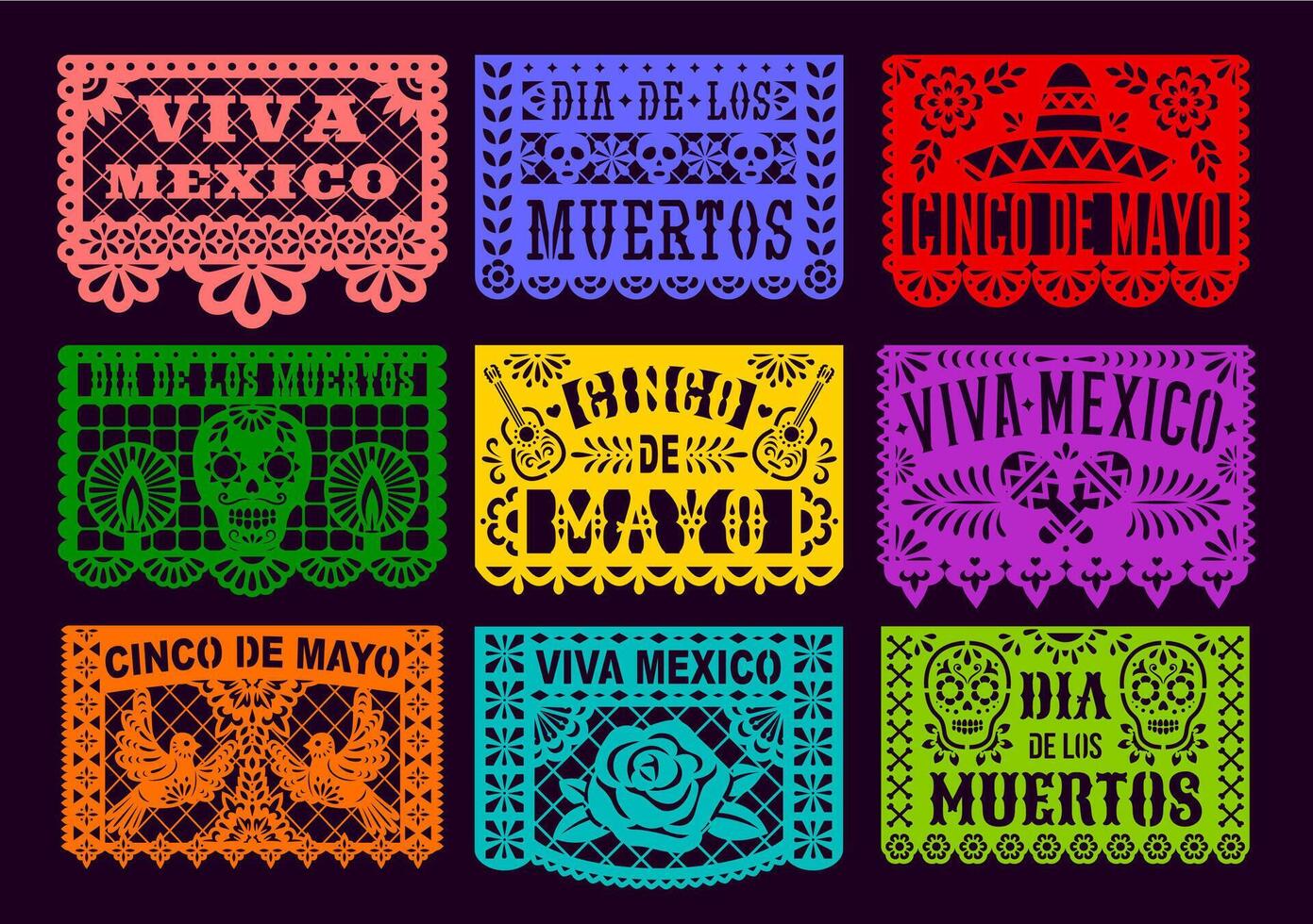 Mexican papel picado paper cut holiday flags set vector