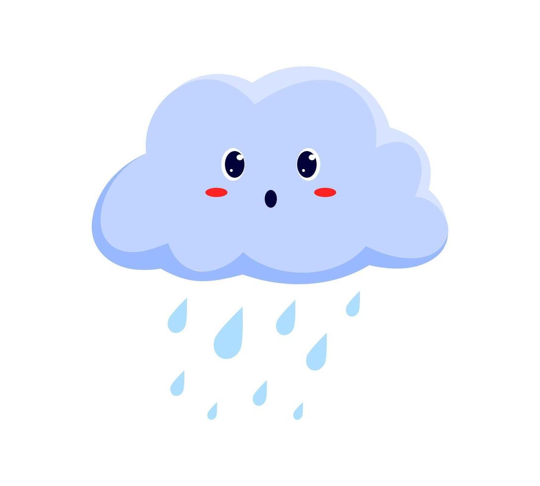 Cloud with falling rain drops, cartoon character vector