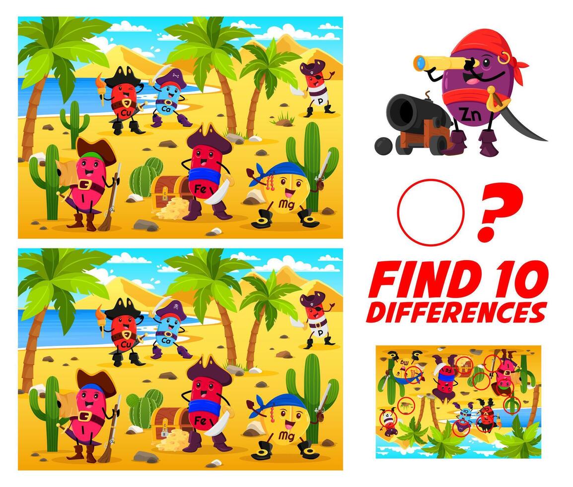 Find ten differences between cartoon vitamins vector