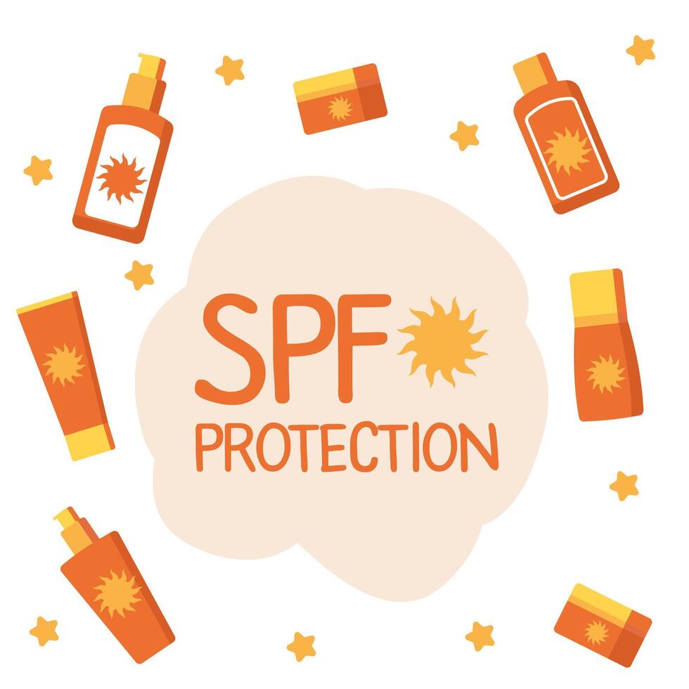 Sunscreen cosmetics in different bottles. 2D illustration. vector