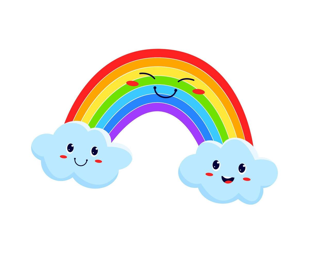 Funny rainbow and smiling clouds, cute characters vector