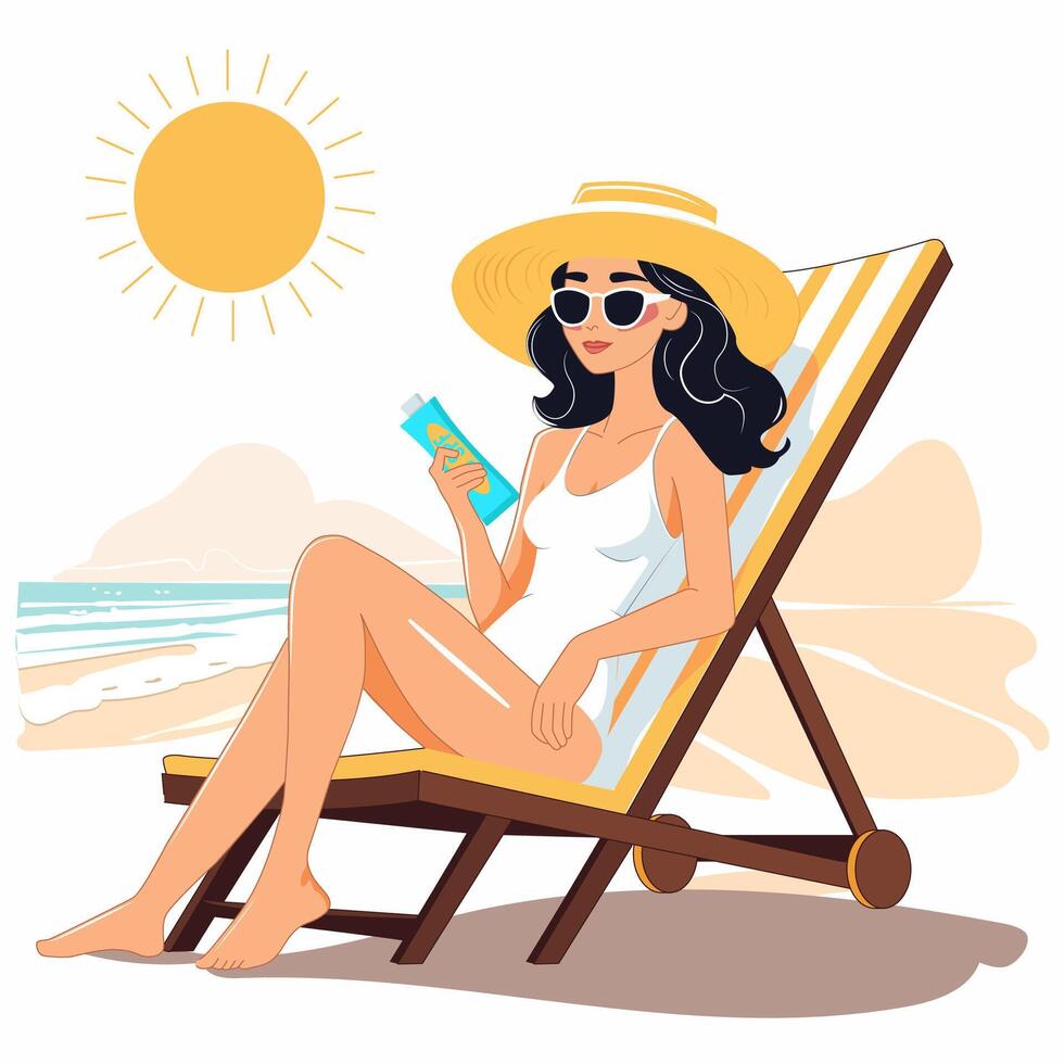 Happy girl with sunscreen in hand wearing glasses and hat on the beach. Bright, summer 2d illustration. vector