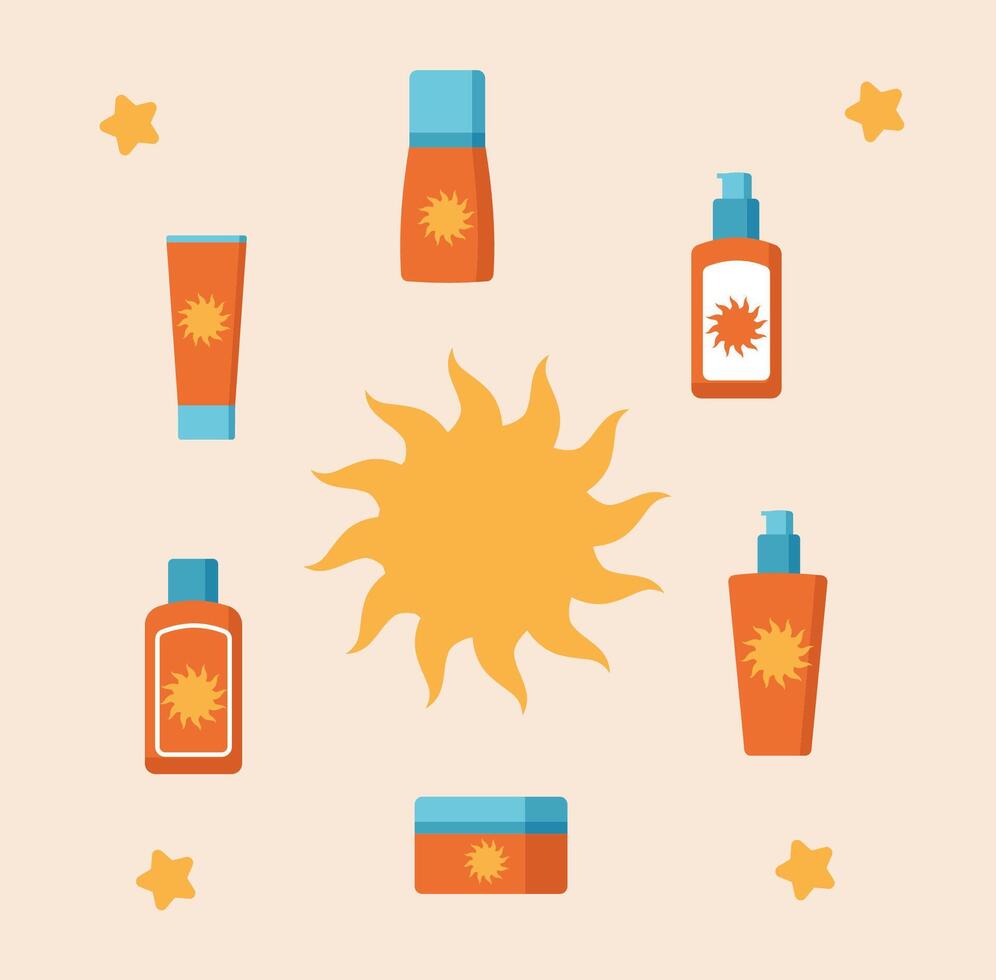 Sunscreen cosmetics in different bottles on a natural background. Bright, summer 2d illustration. vector