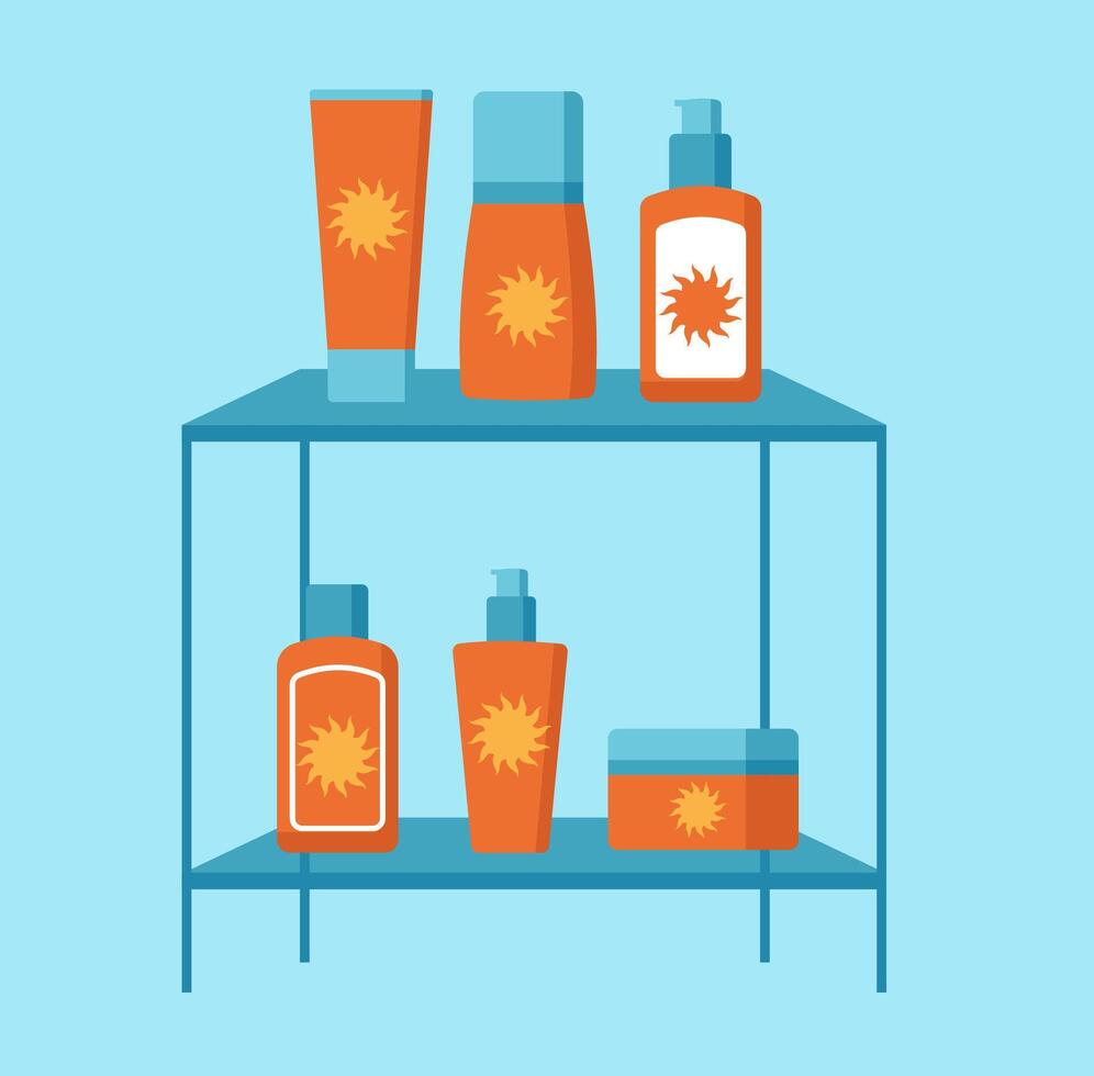 Sunscreen cosmetics in different bottles on a shelf on a blue background. Bright, summer 2d illustration. vector