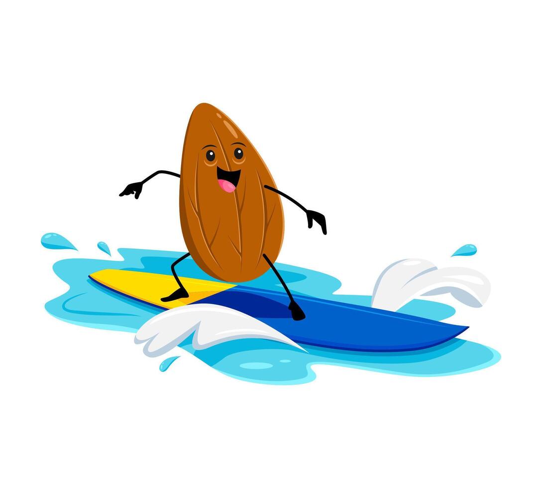 Cartoon almond nut catching waves on a surfboard vector