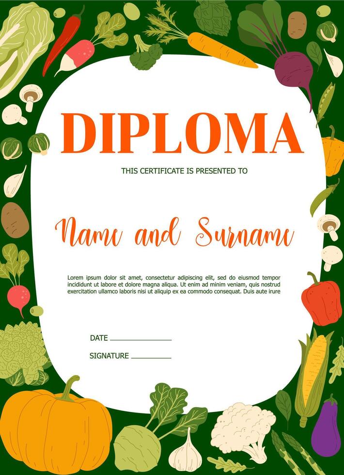 Farmer diploma with autumn harvest raw vegetables vector