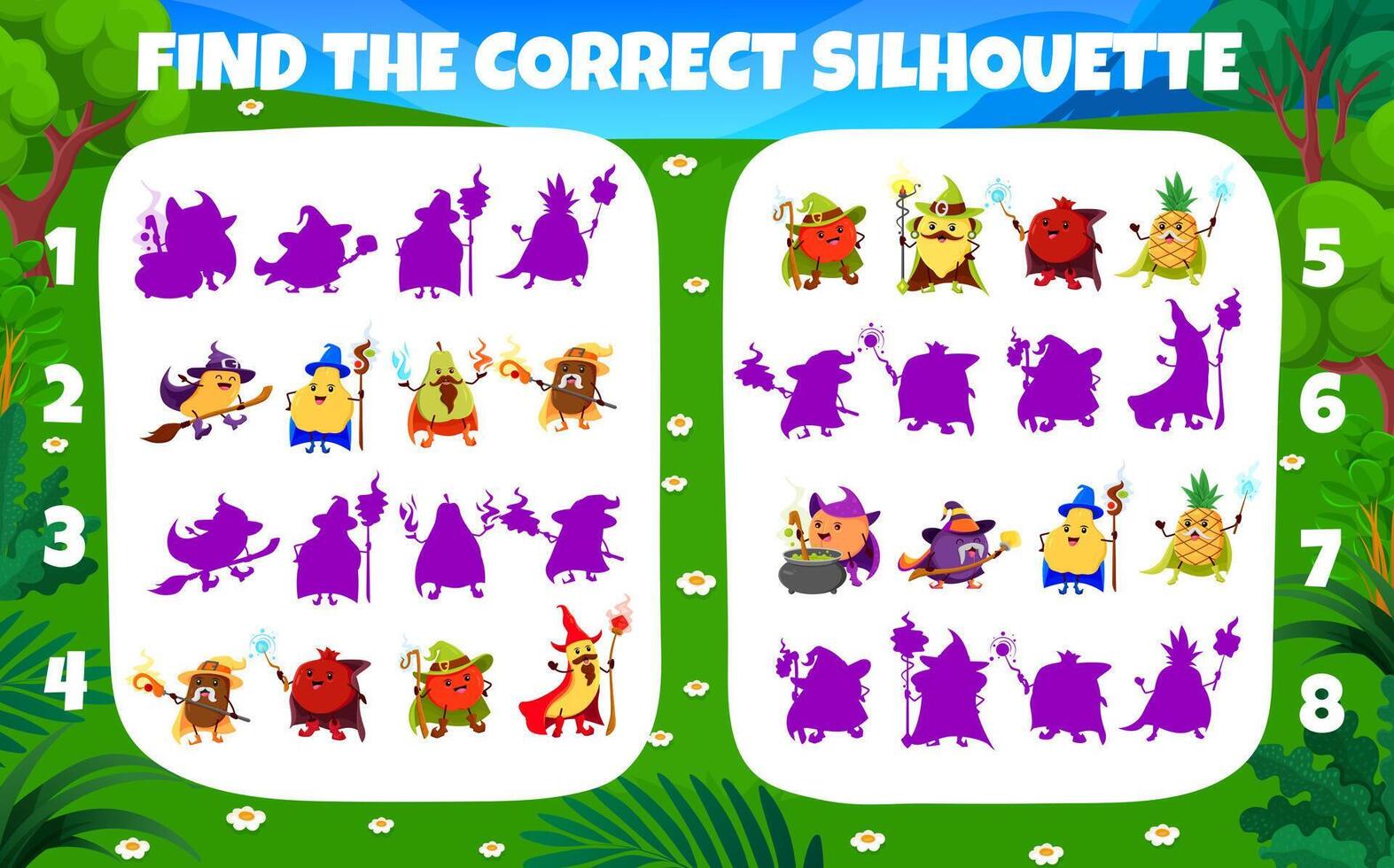 Find correct shadow of fruit wizards characters vector