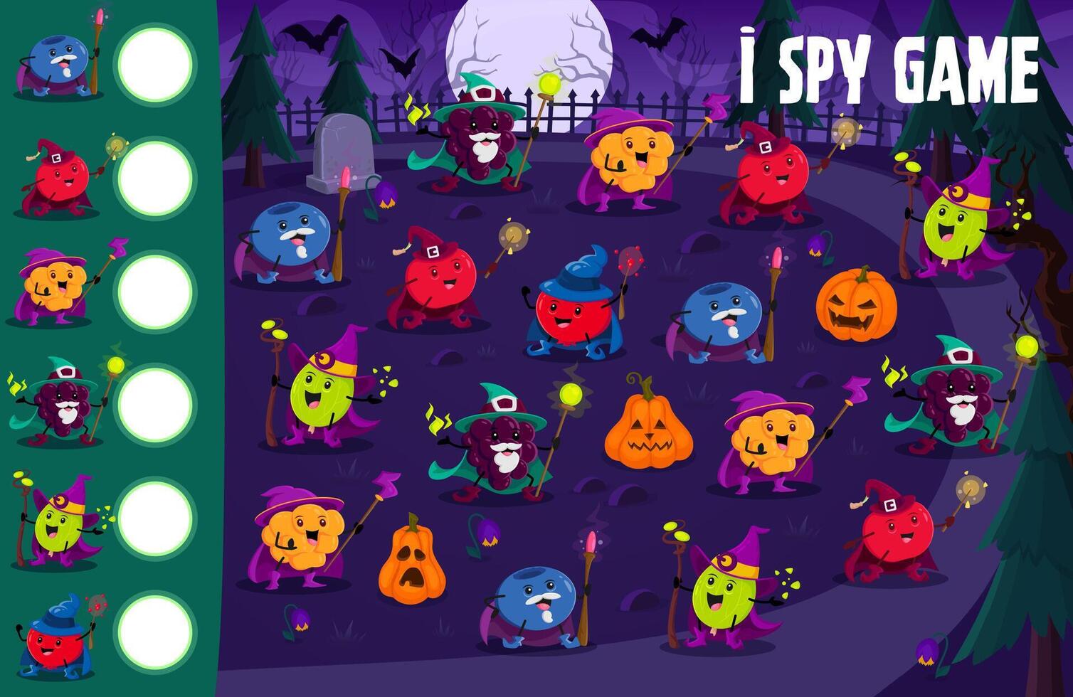 I spy game worksheet, Halloween berry wizards vector