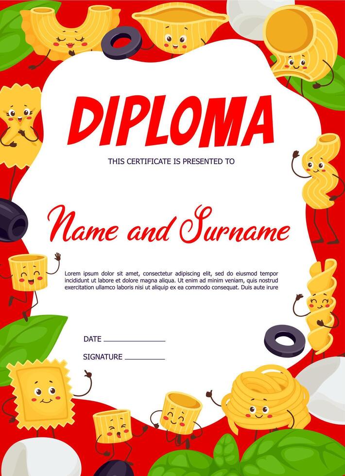 Kids chef diploma with italian pasta characters vector
