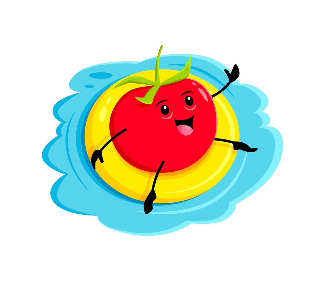 Cartoon tomato character on summer beach vacation vector