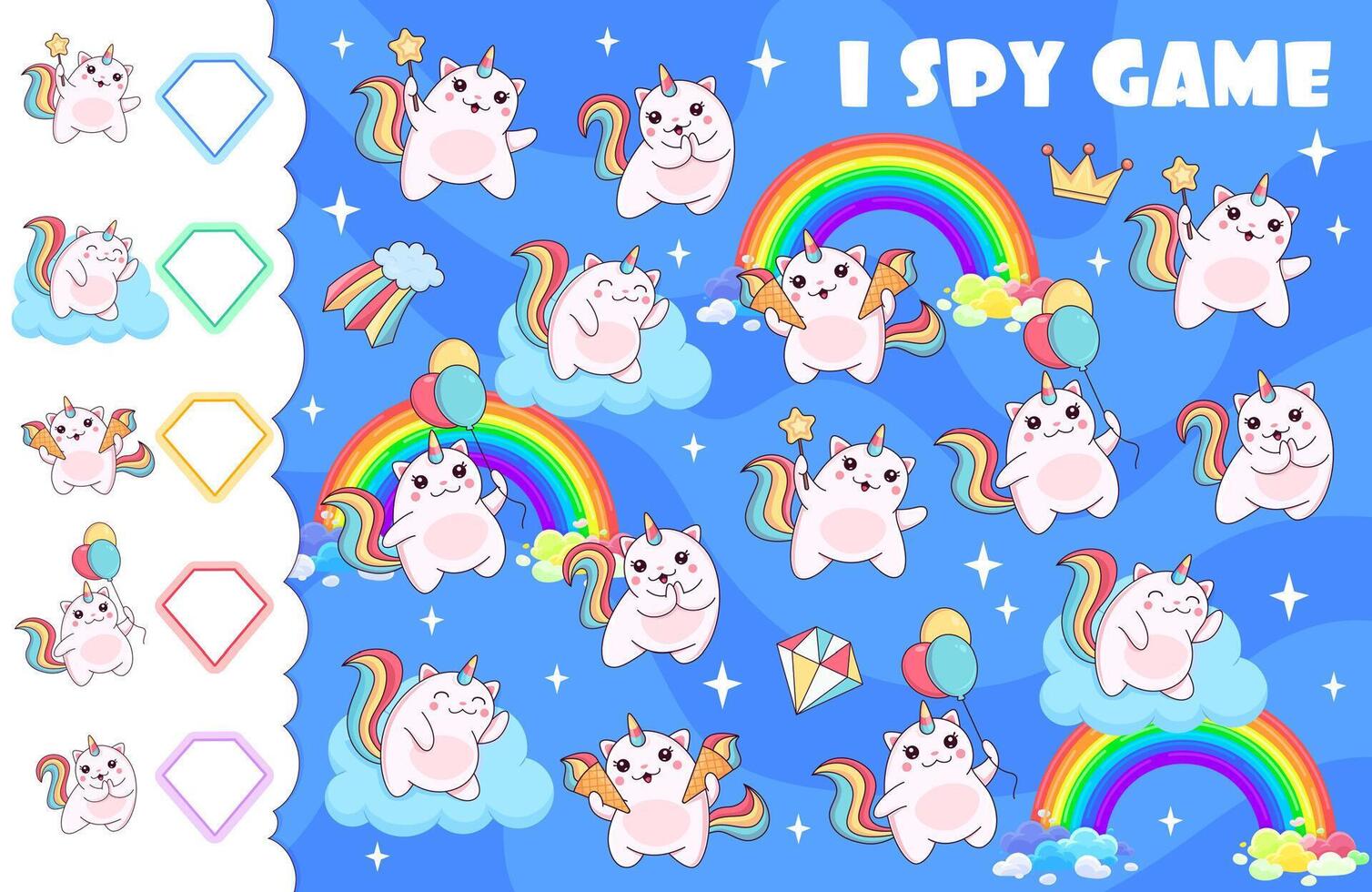 I spy game worksheet with caticorn cat characters vector