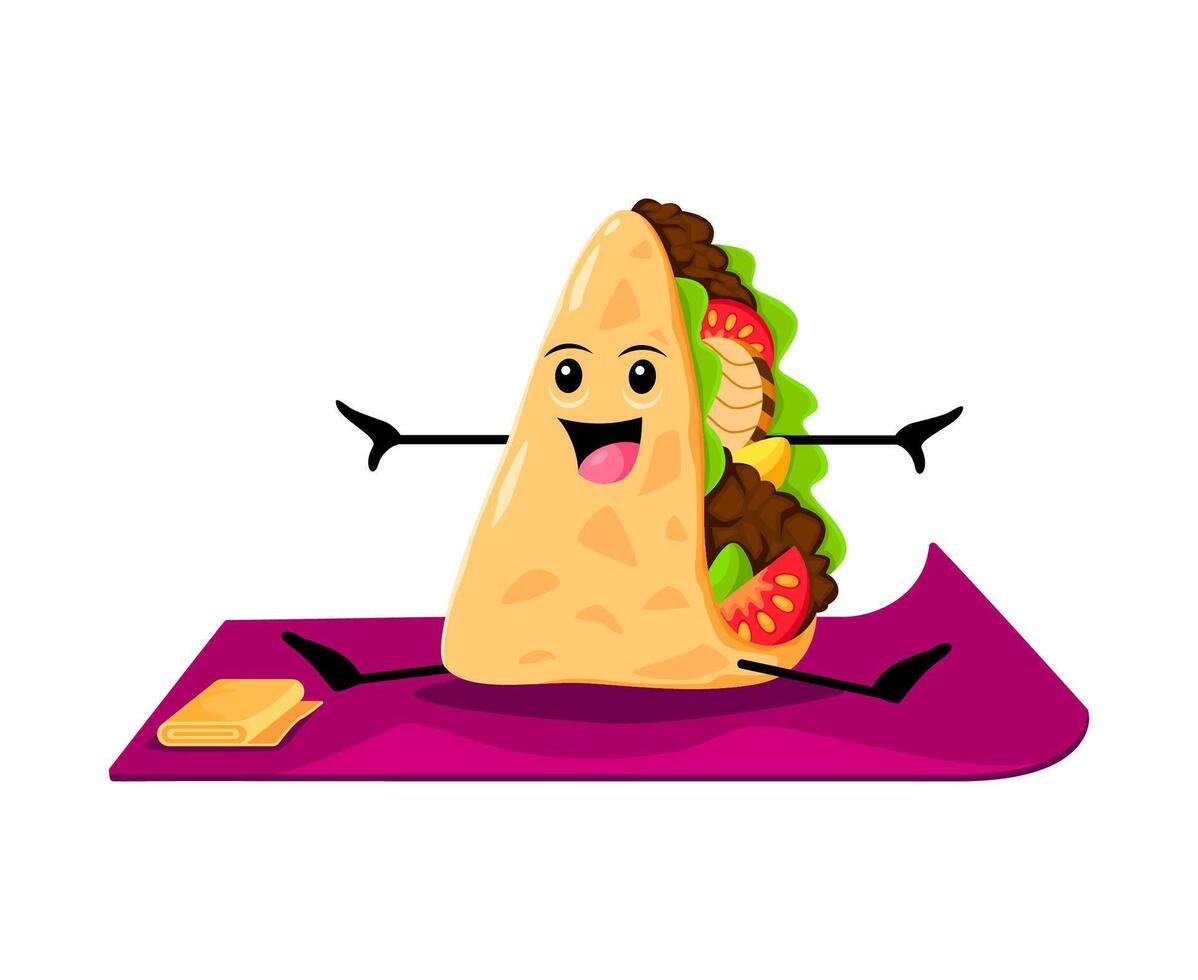 Cartoon tex mex quesadilla food character on yoga vector
