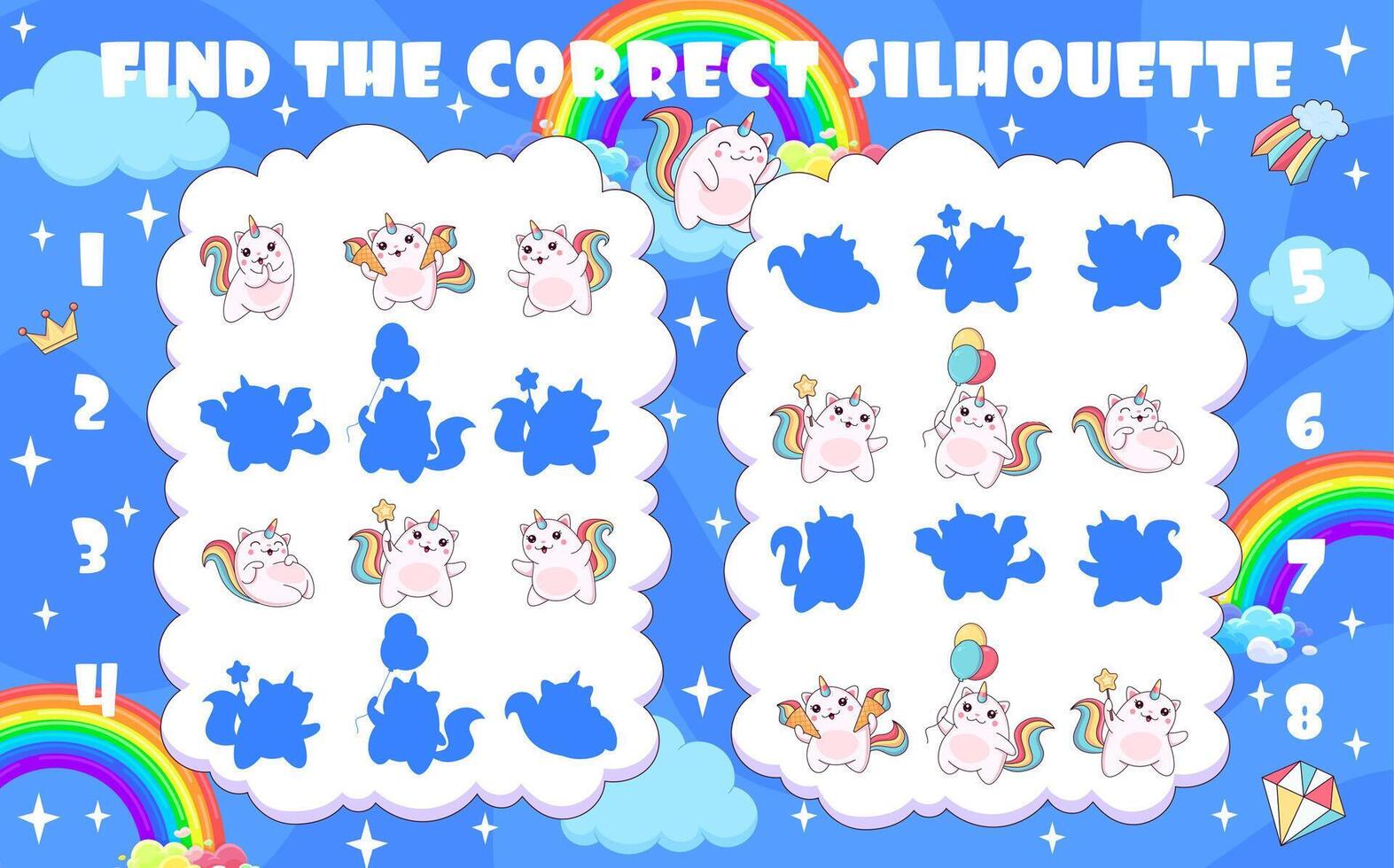 Find correct silhouette of caticorn cat characters vector