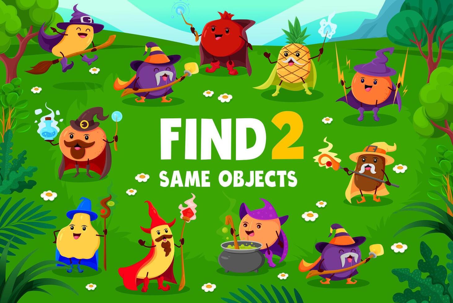 Find two same cartoon fruit wizards and mages vector