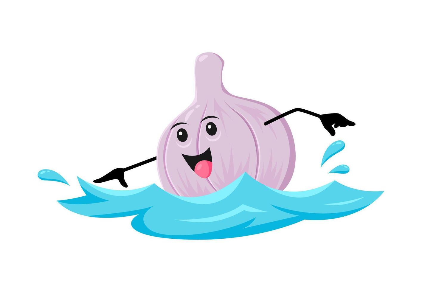 Cartoon cheerful garlic character swimming in sea vector