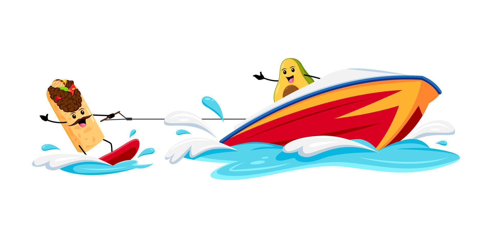 Cartoon tex mex avocado and burrito jet ski fun vector