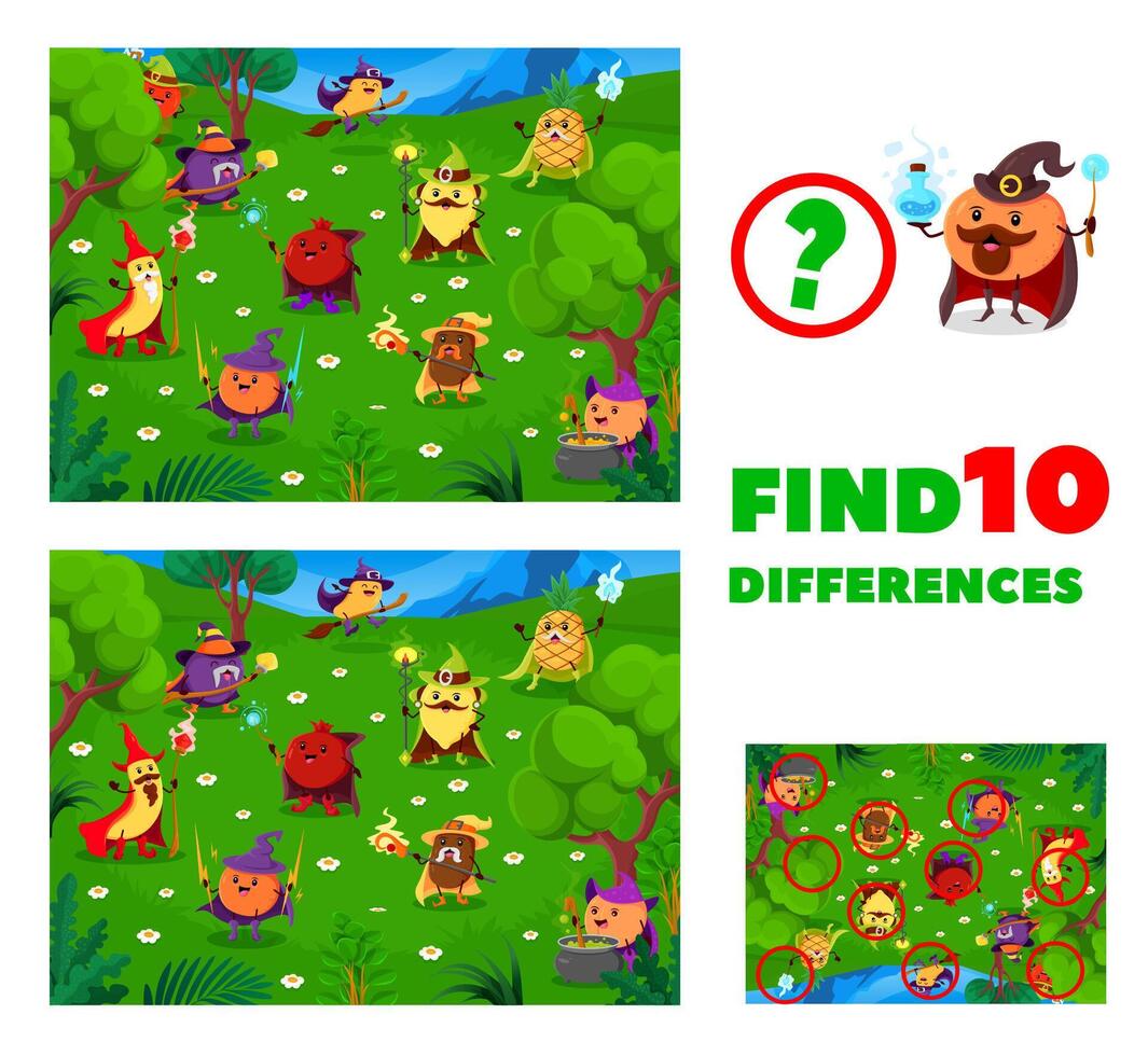 Find ten differences between fruit wizards vector