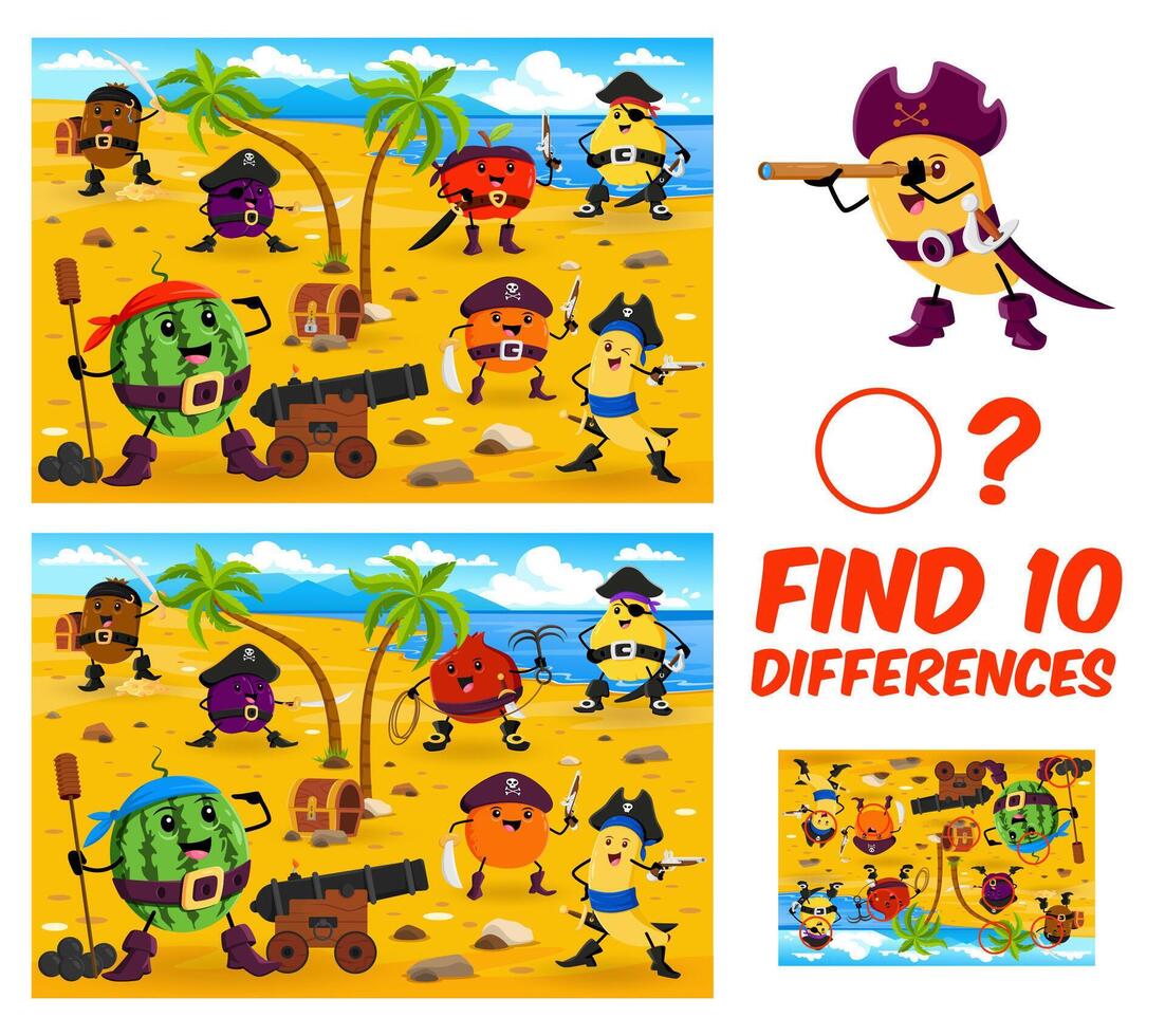 Find ten differences game, cartoon fruit pirates vector