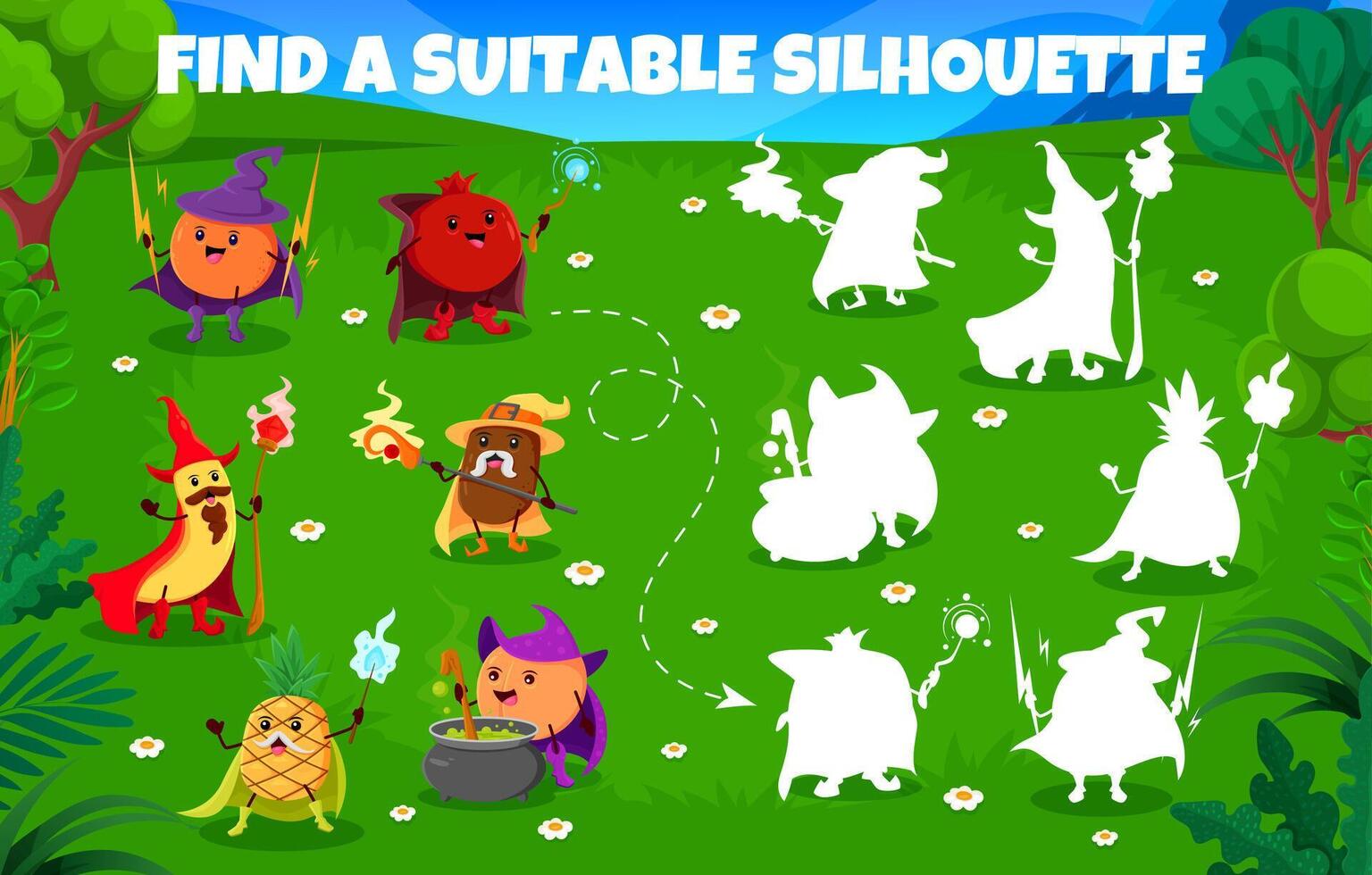 Find suitable silhouette of cartoon fruit wizards vector
