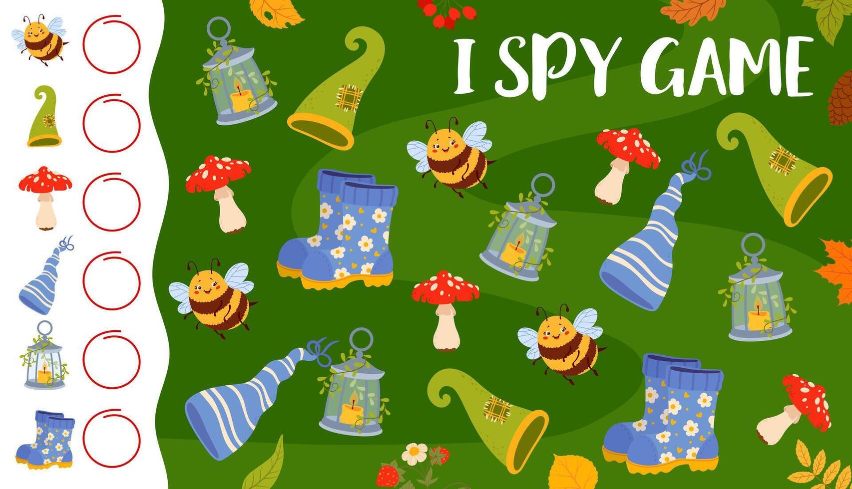 I spy game with autumn leaves, animals, plants vector