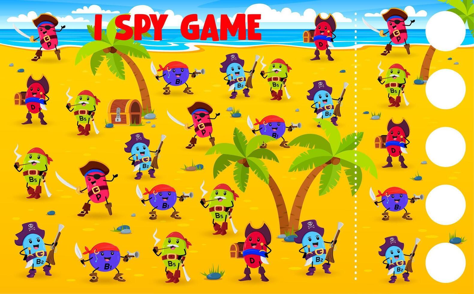 I spy game worksheet with cartoon vitamin pirates vector