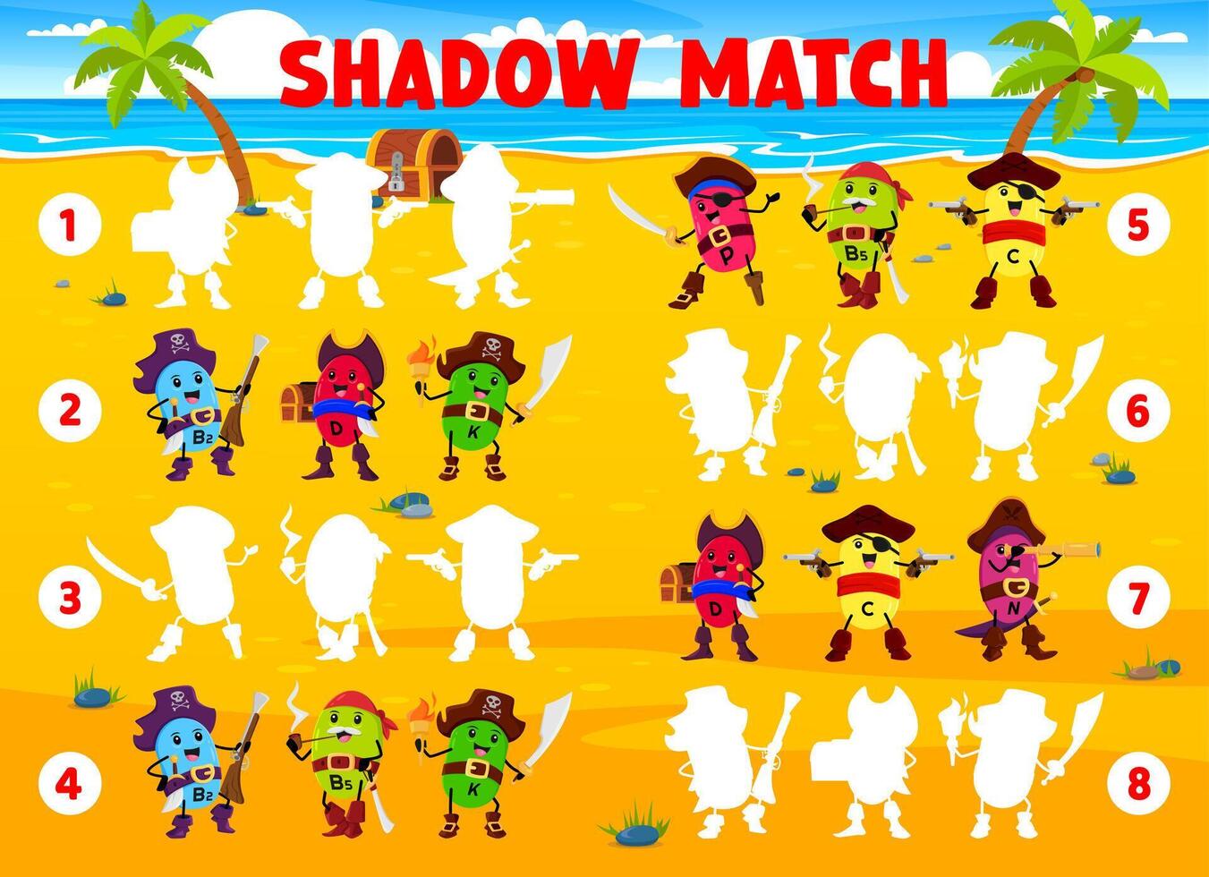 Shadow match game with vitamin pirates on island vector