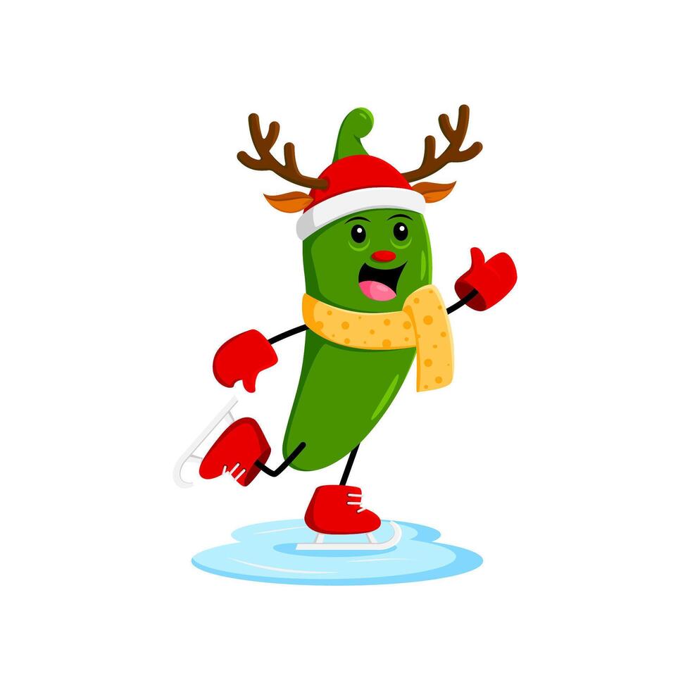 Cartoon Christmas jalapeno skating on the ice rink vector