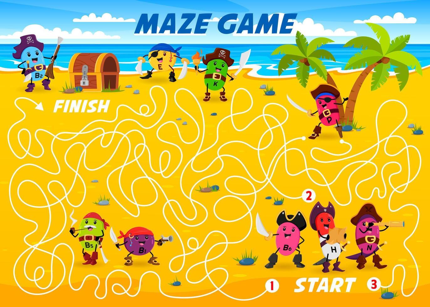 Labyrinth maze game with vitamin pirates character vector