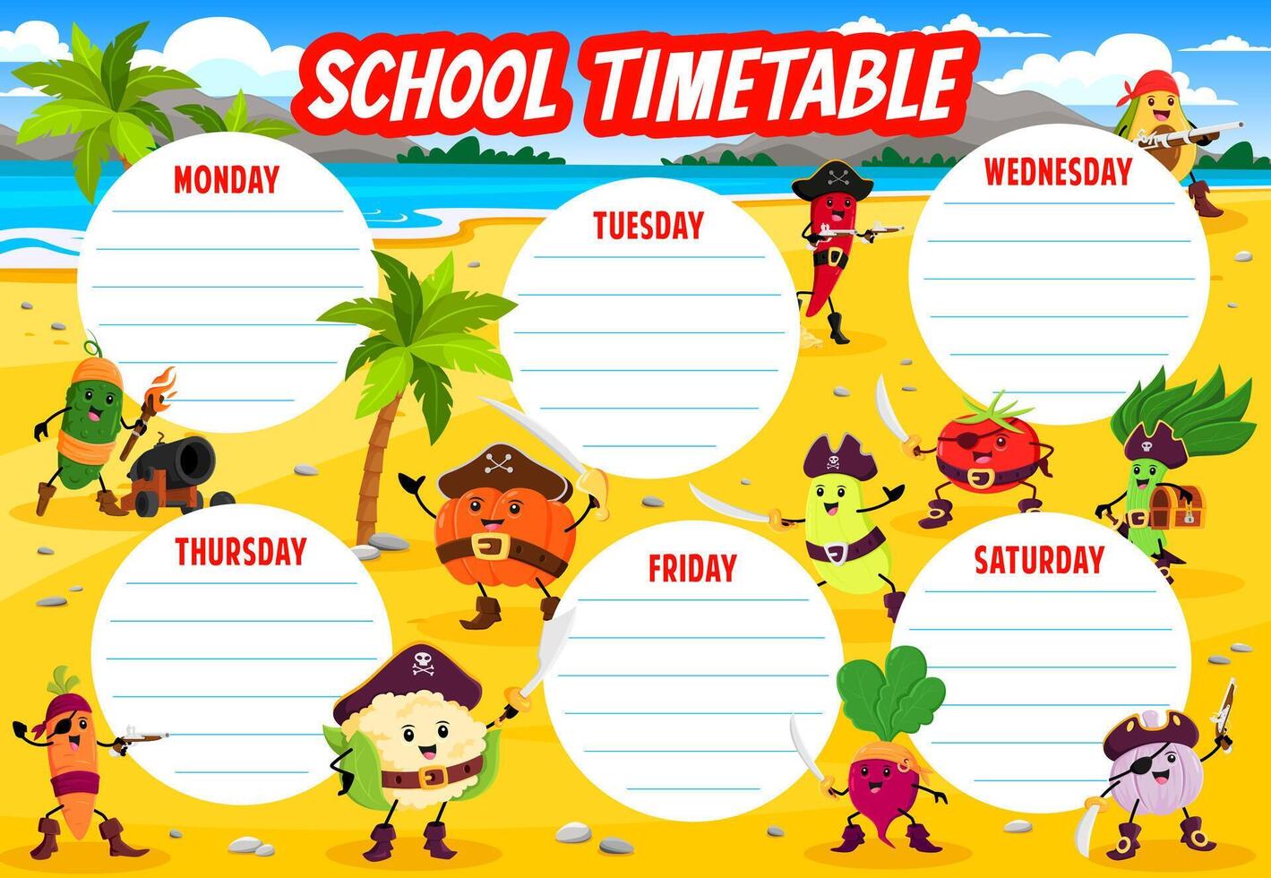 School timetable schedule cartoon vegetable pirate vector